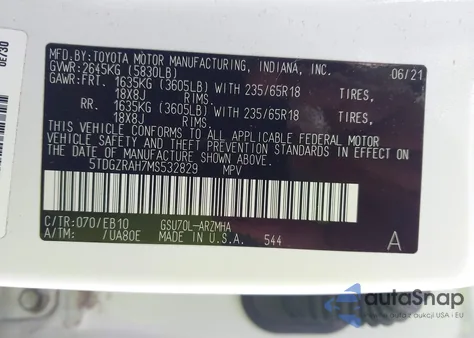 2021 Toyota Highlander Xle из США, поврежденный, VIN 5TDGZRAH7MS532829